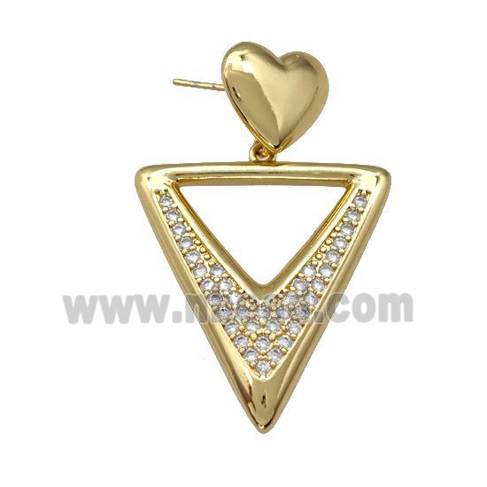 Copper Triangle Stud Earrings Pave Zirconia Heart Gold Plated