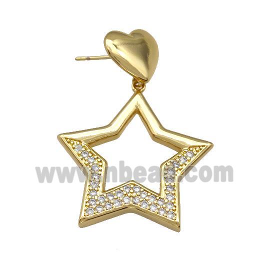 Copper Star Stud Earrings Pave Zirconia Heart Gold Plated