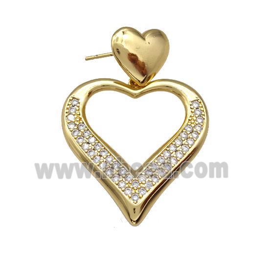 Copper Heart Stud Earrings Pave Zirconia Heart Gold Plated