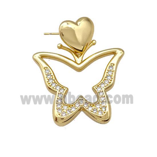 Copper Butterfly Stud Earrings Pave Zirconia Heart Gold Plated