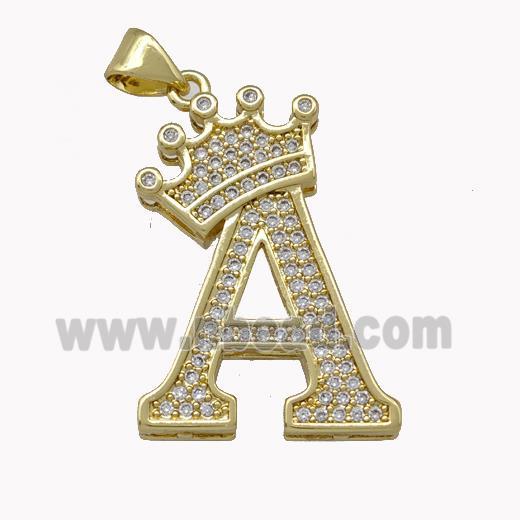 Copper Letter-A Pendant Micro Pave Zirconia Crown Gold Plated