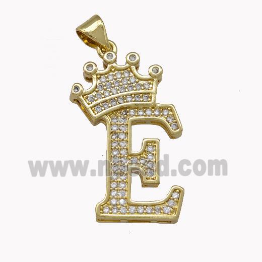 Copper Letter-E Pendant Micro Pave Zirconia Crown Gold Plated