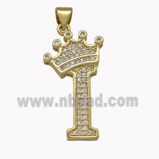 Copper Letter-I Pendant Micro Pave Zirconia Crown Gold Plated