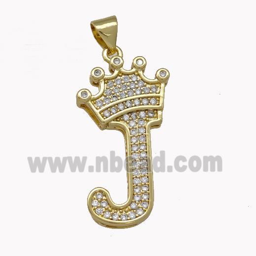 Copper Letter-J Pendant Micro Pave Zirconia Crown Gold Plated