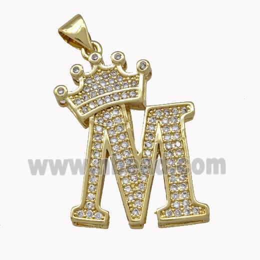 Copper Letter-M Pendant Micro Pave Zirconia Crown Gold Plated