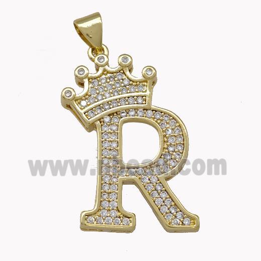 Copper Letter-R Pendant Micro Pave Zirconia Crown Gold Plated