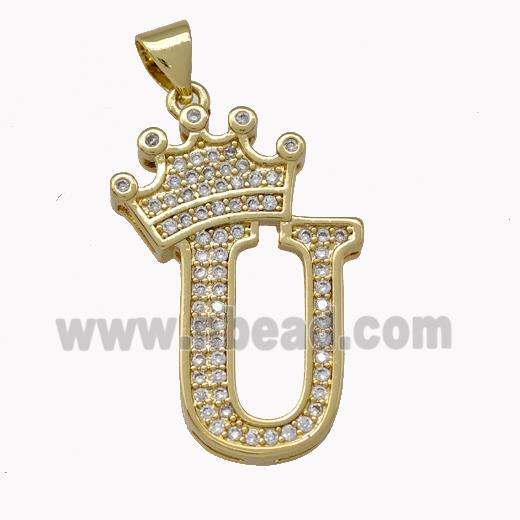 Copper Letter-U Pendant Micro Pave Zirconia Crown Gold Plated