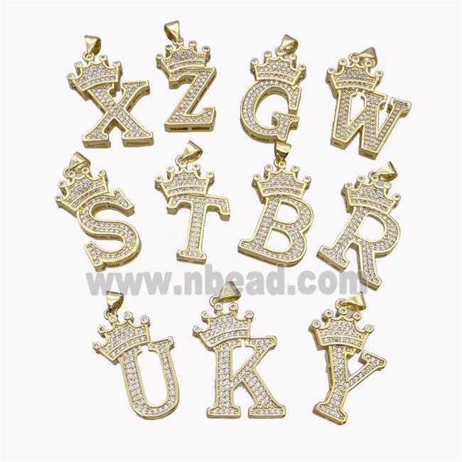Copper Alphabet Pendant Micro Pave Zirconia Mixed Letters Crown Gold Plated