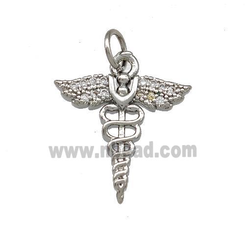 Copper Caduceus Charms Pendant Pave Zirconia Platinum Plated