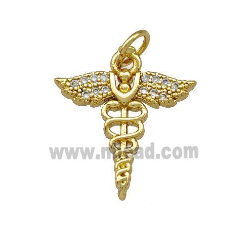 Copper Caduceus Charms Pendant Pave Zirconia Gold Plated