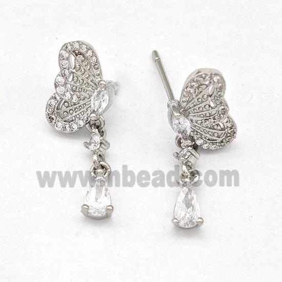 Copper Butterfly Earrings Stud Pave Zirconia Platinum Plated