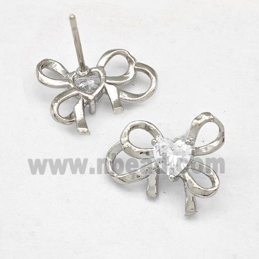 Copper Bow Earrings Stud Pave Zirconia Platinum Plated