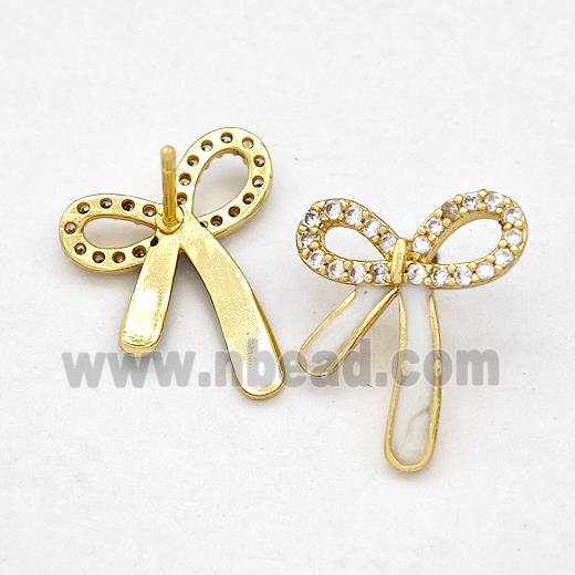 Copper Bow Earrings Stud Pave Zirconia White Enamel Gold Plated