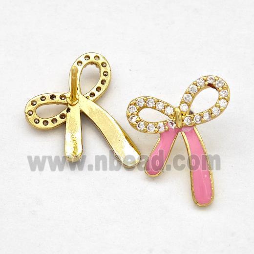 Copper Bow Earrings Stud Pave Zirconia Pink Enamel Gold Plated