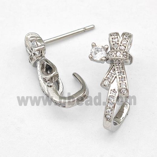 Copper Bow Earrings Stud Pave Zirconia Platinum Plated