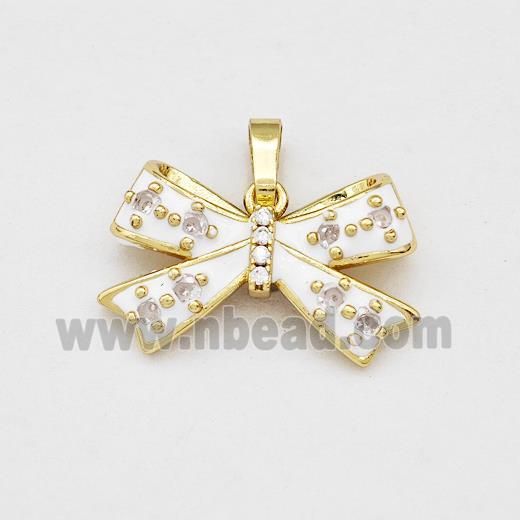 Copper Bow Pendant Pave Zirconia White Enamel Gold Plated