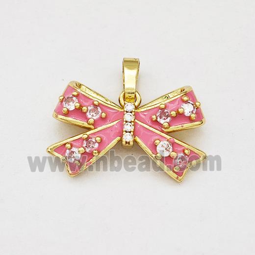 Copper Bow Pendant Pave Zirconia Pink Enamel Gold Plated