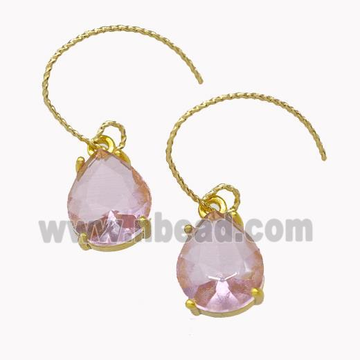 Copper Hook Earrings With Pink Crystal Glass Teardrop Gold Plated