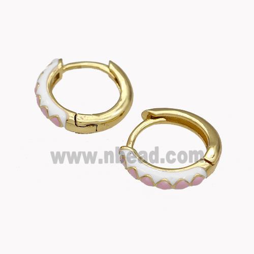 Copper Hoop Earrings Pink White Enamel Gold Plated