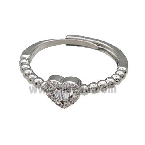 Copper Heart Rings Pave Zirconia Adjustable Platinum Plated