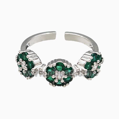 Copper Flower Rings Pave Green Zirconia Platinum Plated