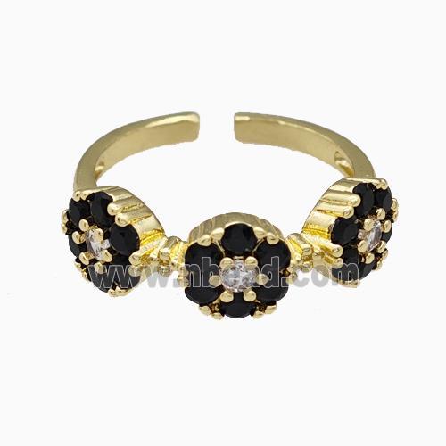 Copper Flower Rings Pave Black Zirconia Gold Plated