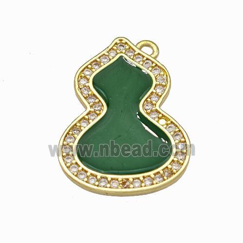 Copper Gourd Pendant Pave Zirconia Green Enamel Gold Plated