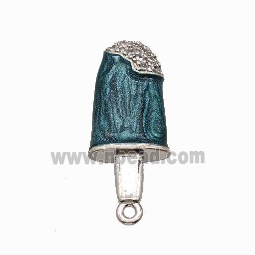 Ice Cream Charms Copper Pendant Pave Zirconia DarkGreen Painted Platinum Plated