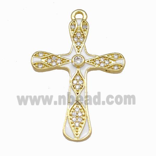 Copper Cross Pendant Pave Zirconia White Enamel Gold Plated