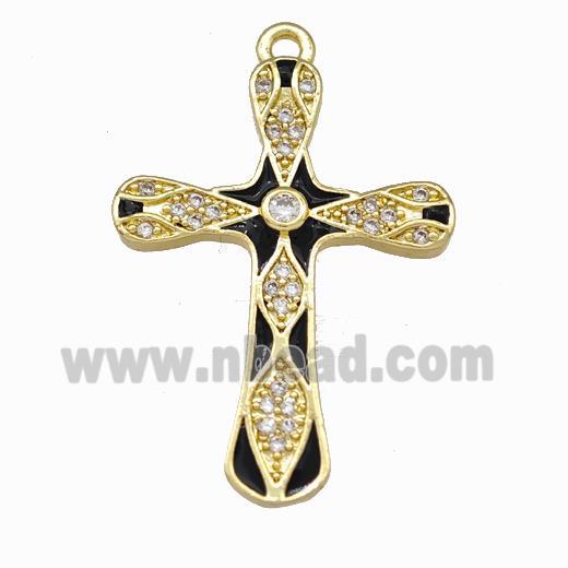 Copper Cross Pendant Pave Zirconia Black Enamel Gold Plated