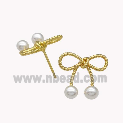 Copper Bow Stud Earrings Pave Pearlized Resin Gold Plated