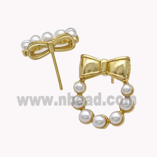 Copper Bow Stud Earrings Pave Pearlized Resin Gold Plated