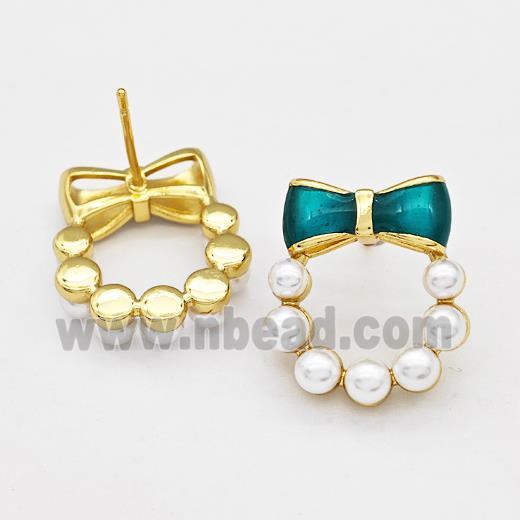 Copper Bow Stud Earrings Pave Pearlized Resin Green Painted Gold Plated