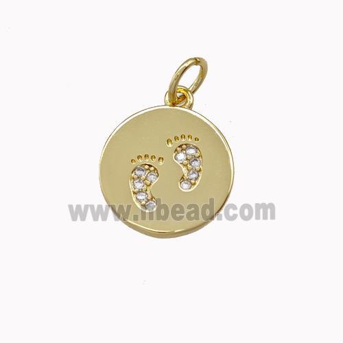 Copper Coin Pendant Pave Zirconia Footprints Gold Plated