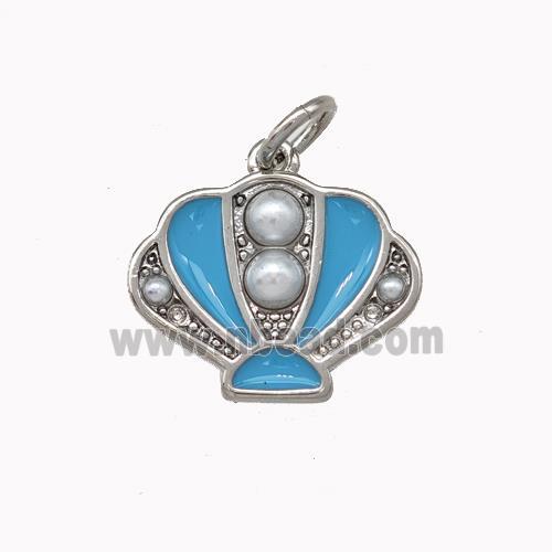 Scallop shell Charms Copper Pendant Pave Pearlized Resin Blue Enamel Platinum Plated