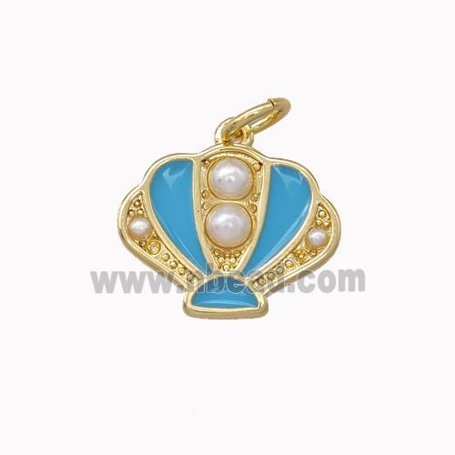 Scallop shell Charms Copper Pendant Pave Pearlized Resin Blue Enamel Gold Plated