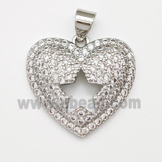 Copper Heart Pendant Micro Pave Zirconia Star Platinum Plated