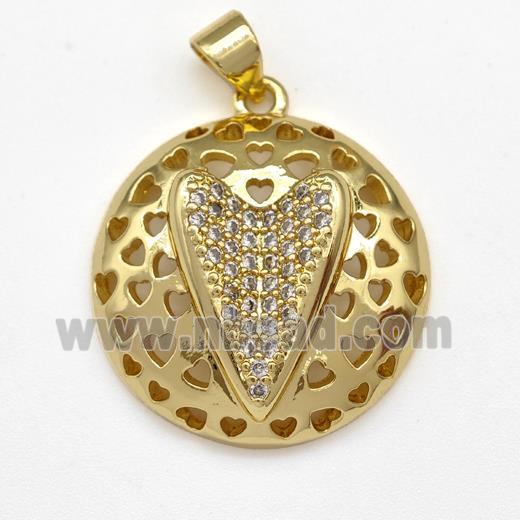 Copper Heart Pendant Micro Pave Zirconia Hollow Gold Plated