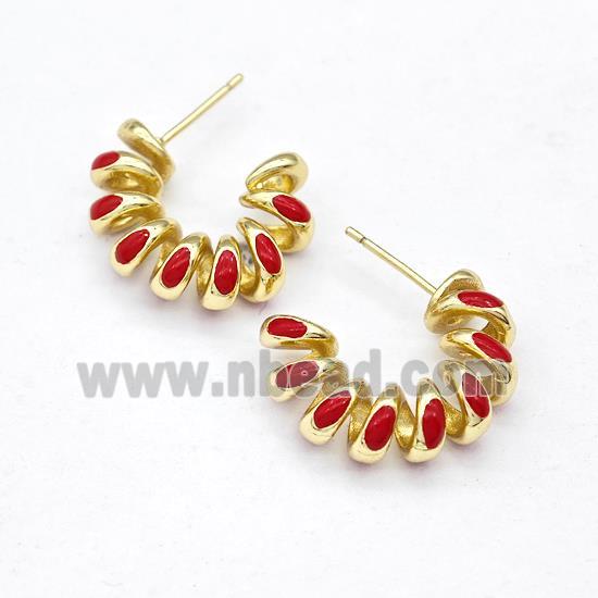 Copper Stud Earring Red Enamel Gold Plated