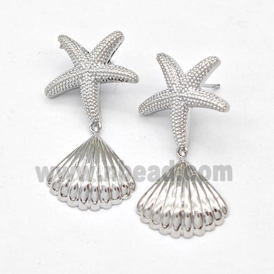 Copper Starfish Stud Earring With ScallopShell Platinum Plated