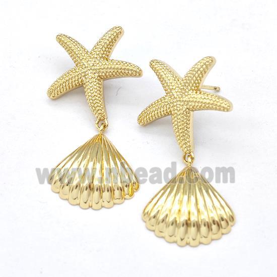 Copper Starfish Stud Earring With Sea Shell Gold Plated