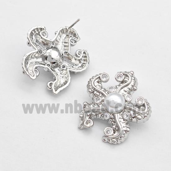 Copper Starfish Stud Earrings Pave Zirconia Pearlized Resin Platinum Plated