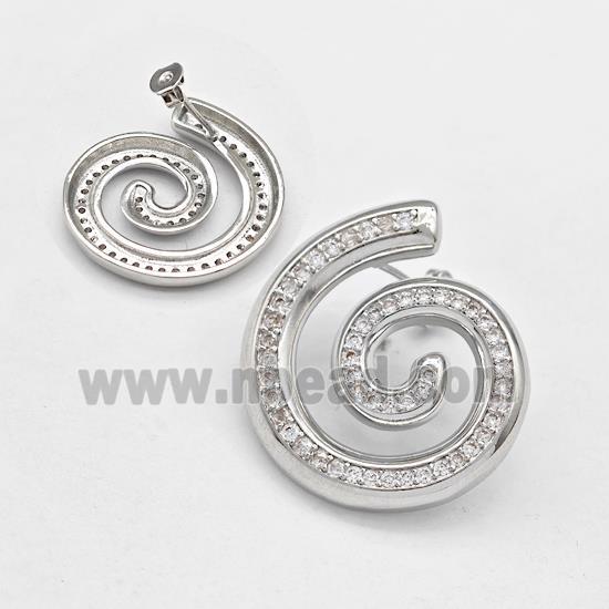 Copper Spiral Stud Earring Pave Zirconia Platinum Plated