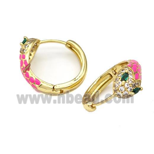 Copper Snake Hoop Earring Micro Pave Zirconia Pink Enamel Gold Plated