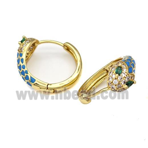 Copper Snake Hoop Earring Micro Pave Zirconia Blue Enamel Gold Plated