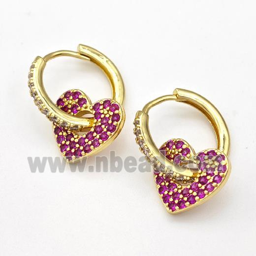 Copper Hoop Earrings Heart Pave Pink Zirconia Gold Plated