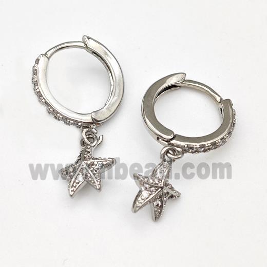 Copper Starfish Hoop Earrings Pave Zirconia Platinum Plated