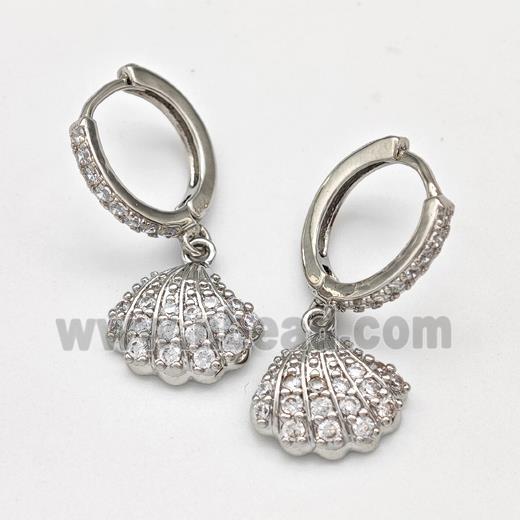 Copper Hoop Earrings Scallop Shell Pave Zirconia Platinum Plated