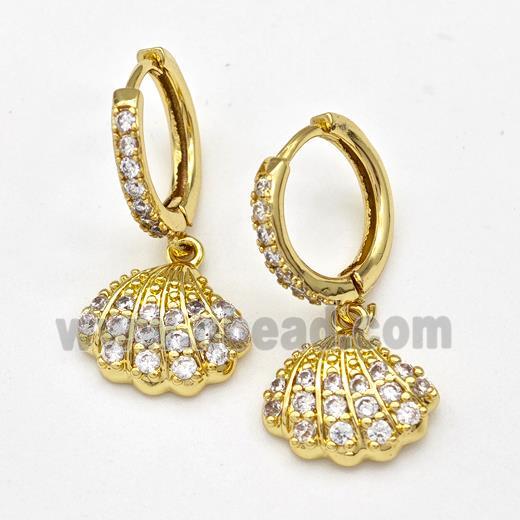 Copper Hoop Earrings Scallop Shell Pave Zirconia Gold Plated