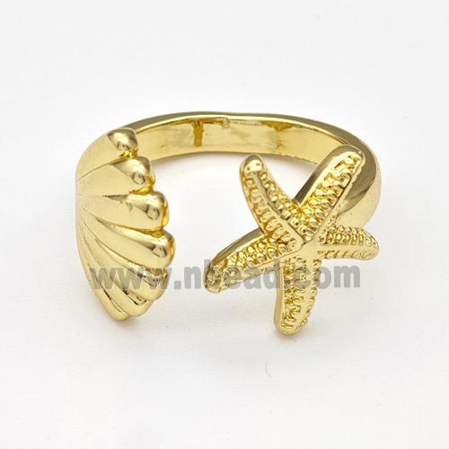 Copper Starfish Ring Scallop Shell Gold Plated